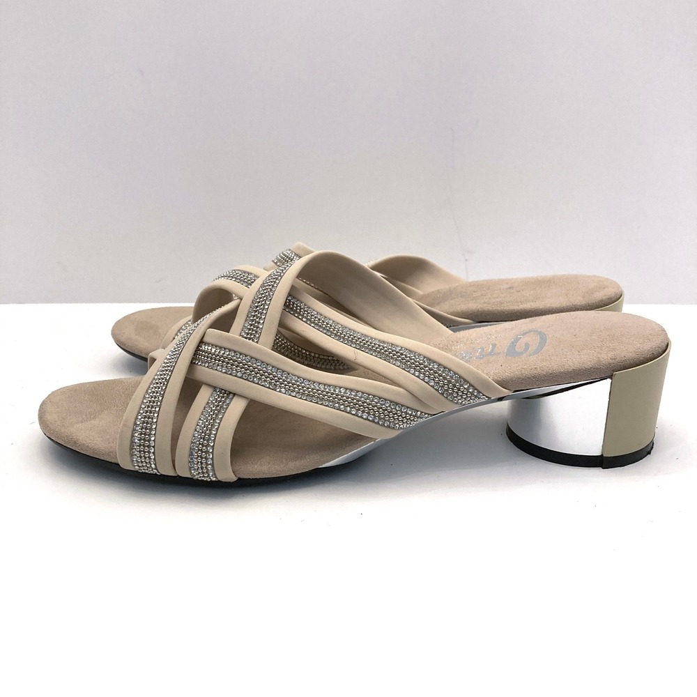 Onex Misha Sandals Block Heel Womens 8 Beige Straps Crystals Made In Italy - Picture 3 of 9